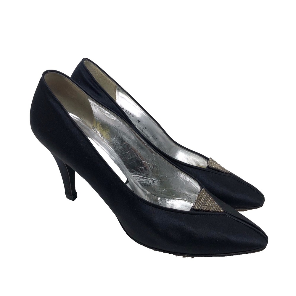Saint Laurent Pumps Women‎ 8 Black Satin Rhinestone Vintage YSL Heels - Picture 1 of 15